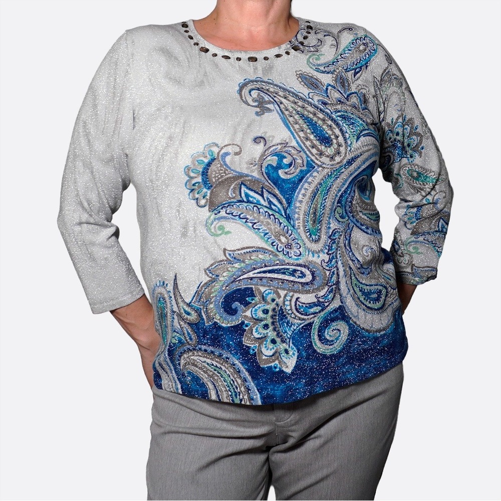 Alfred Dunner Silver Tattoo‎ Paisley Metallic Knit Top Sparkle Crystal Neck 0X